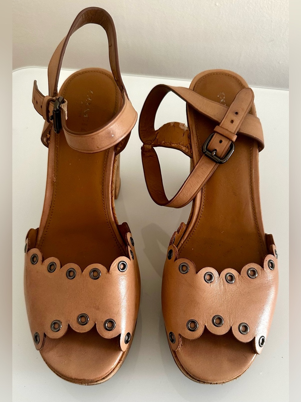 Coach Women's Tan Leather Scalloped Ankle-Strap Sandals
